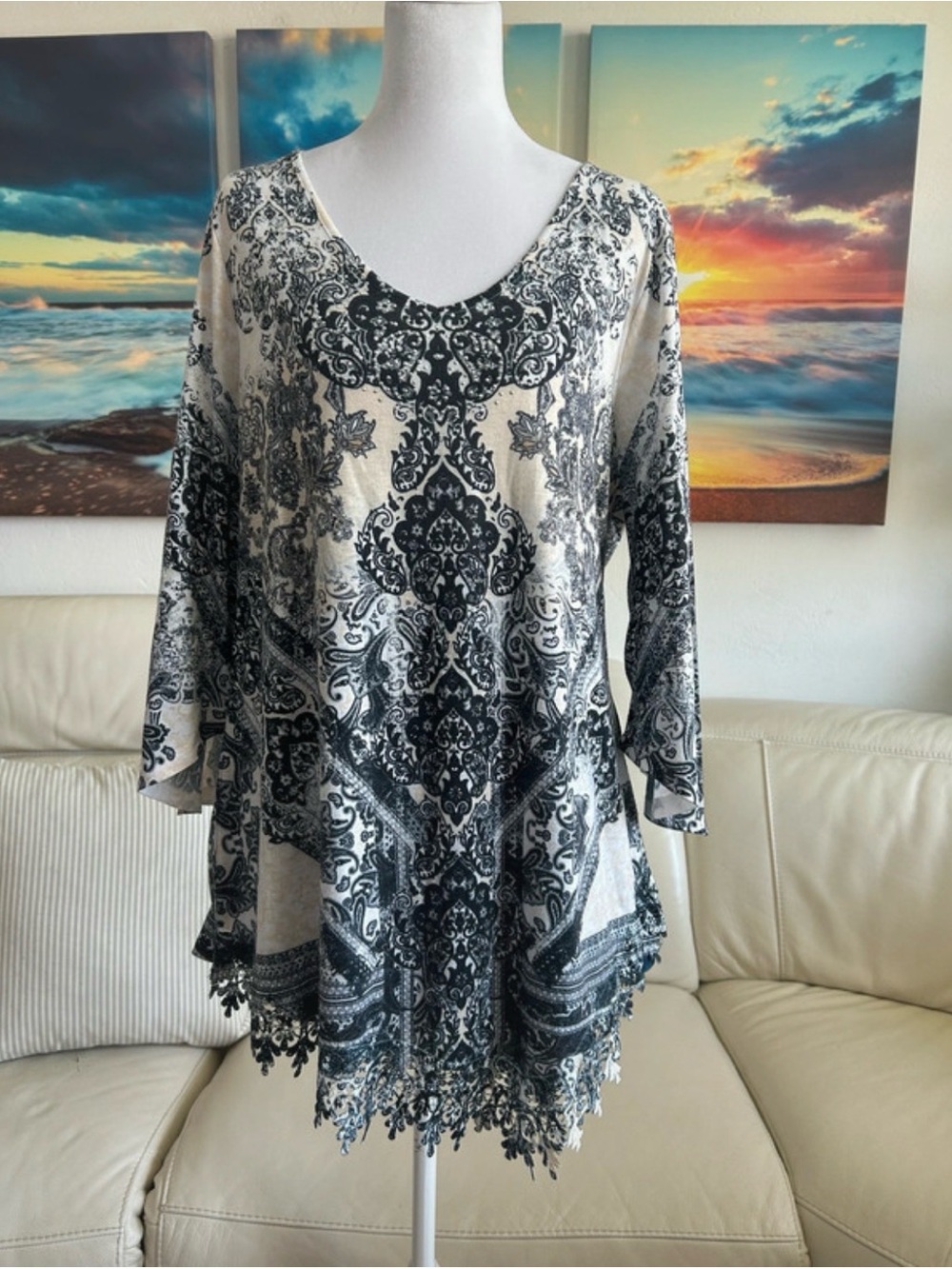 ONE WORLD Black & White Paisley Crochet-Hem Tunic